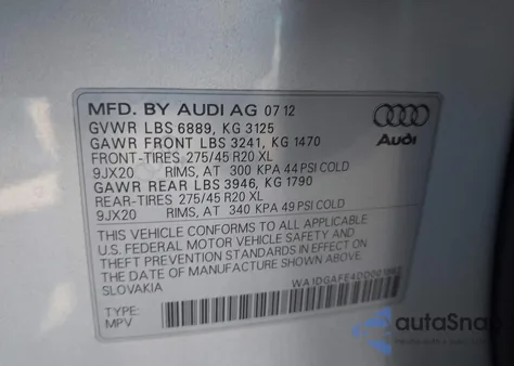 2013 Audi Q7 3.0T S Line Prestige из США, поврежденный, VIN WA1DGAFE4DD001862